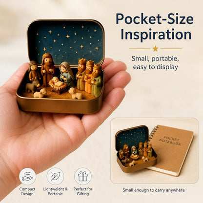 Religious Pocket-Size Mini Nativity Scene Set with Storage Box, Hand-Painted Plastic Figurines