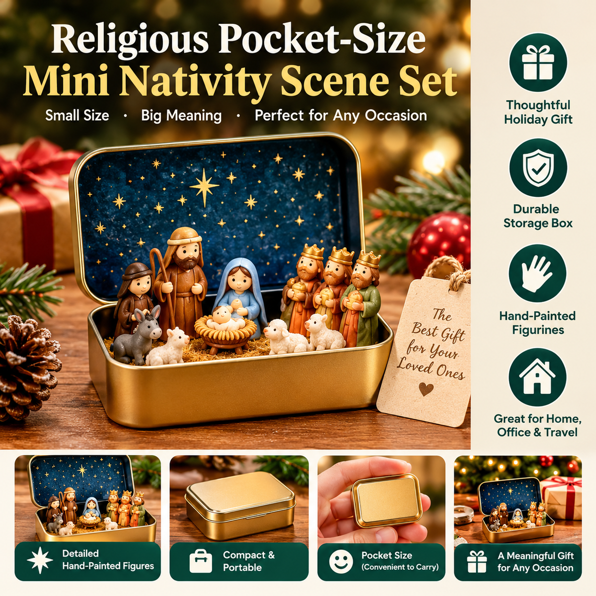 Religious Pocket-Size Mini Nativity Scene Set with Storage Box, Hand-Painted Plastic Figurines