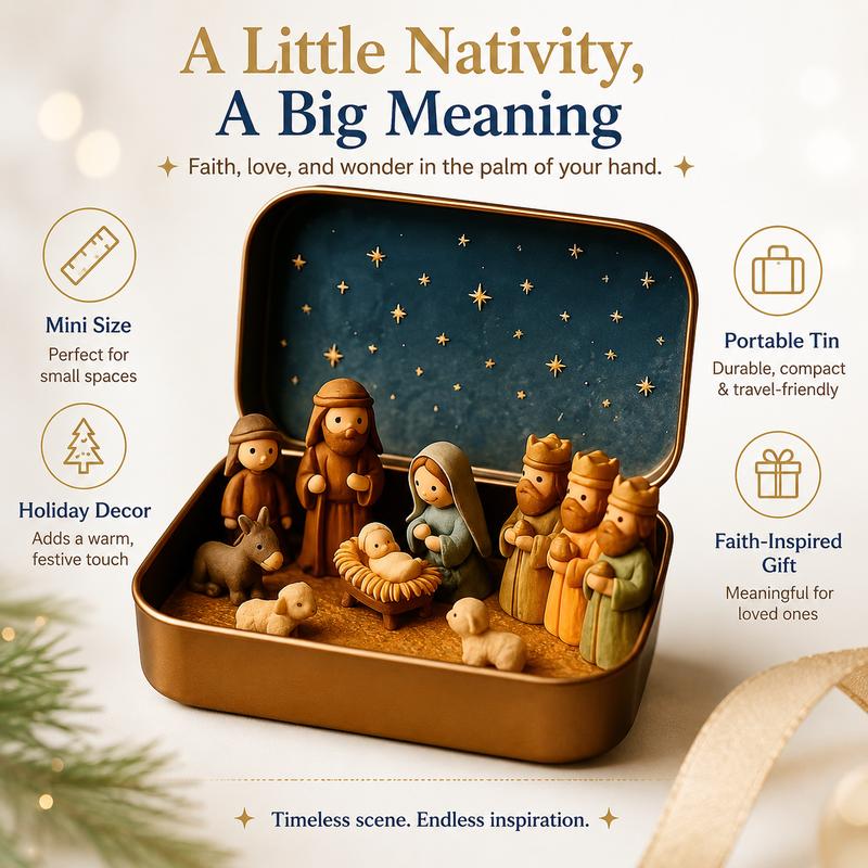 Religious Pocket-Size Mini Nativity Scene Set with Storage Box, Hand-Painted Plastic Figurines