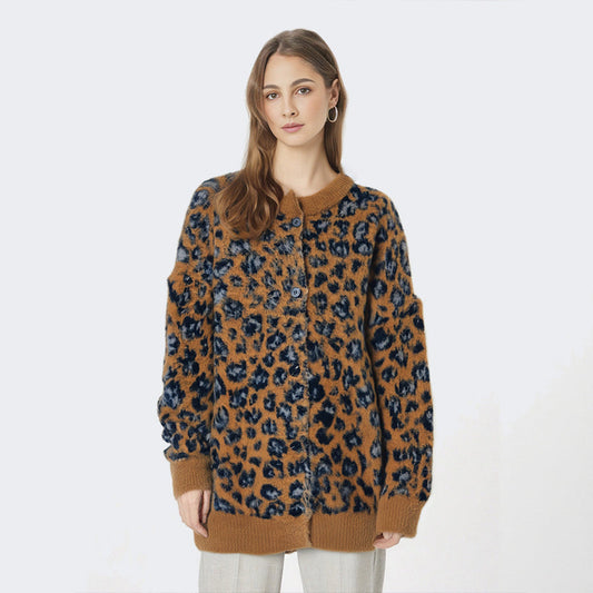 Leopard-print Sweater Coat for Women a Knitted Top with Elegant and Youthful Style