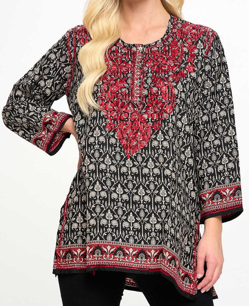Black and White Tunic With Red Hand Embroidery