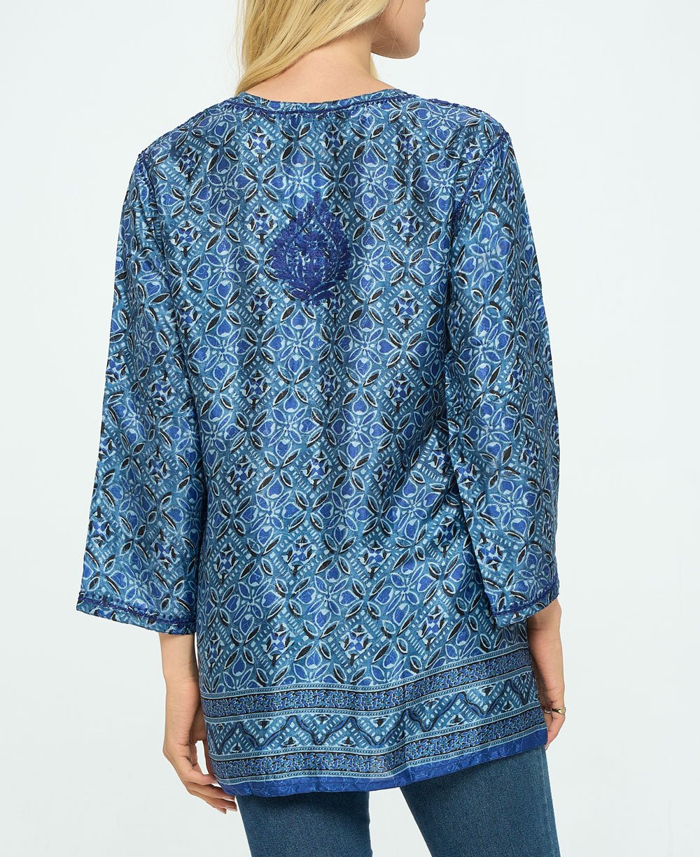 Blue Geometry Tunic With Hand Embroidery