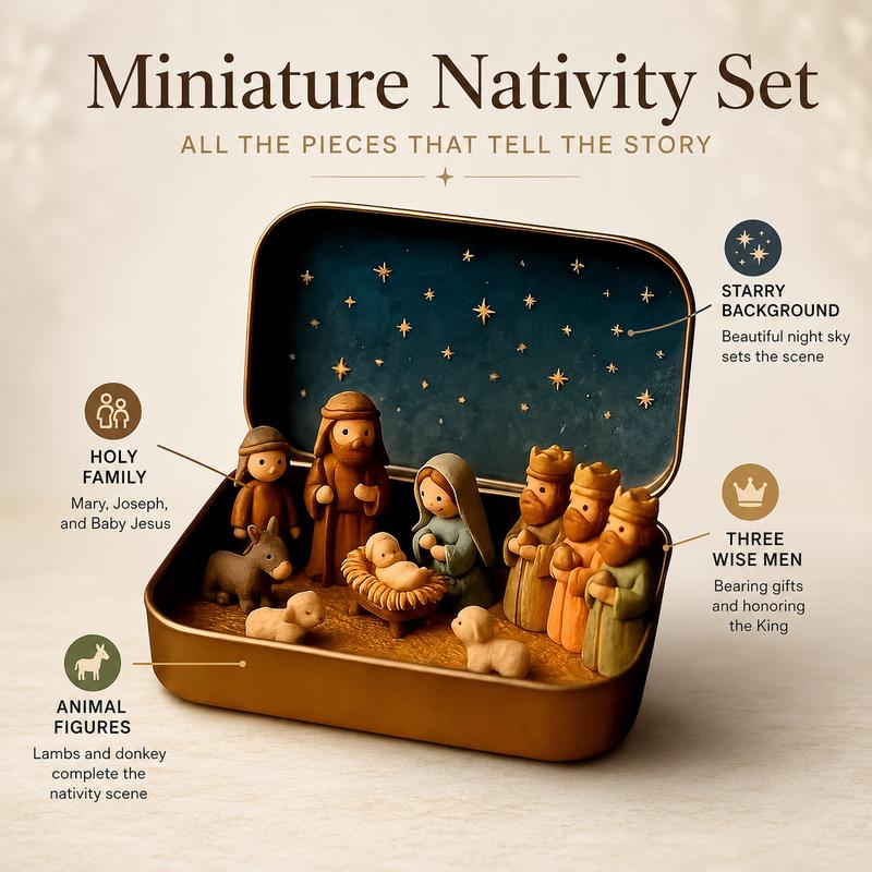 Religious Pocket-Size Mini Nativity Scene Set with Storage Box, Hand-Painted Plastic Figurines